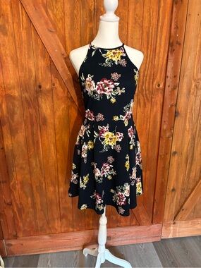 Floral Halter Fit-and-Flare Dress in Black